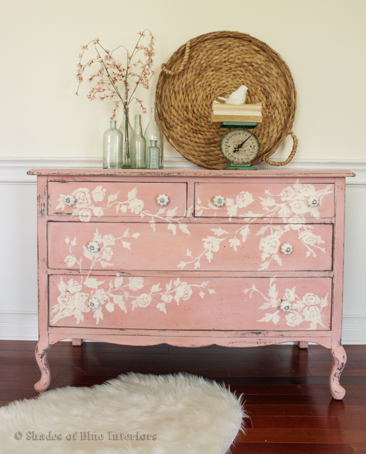 Vintage dresser makeover with floral hand painted design