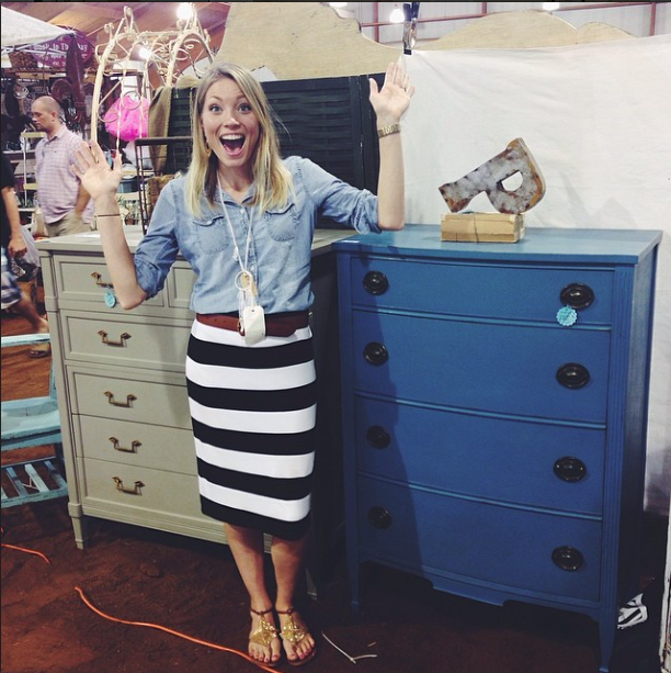 Rachel with Shades of Blue Interiors elated over selling two highboy dressers, a gray one and blue one. 
