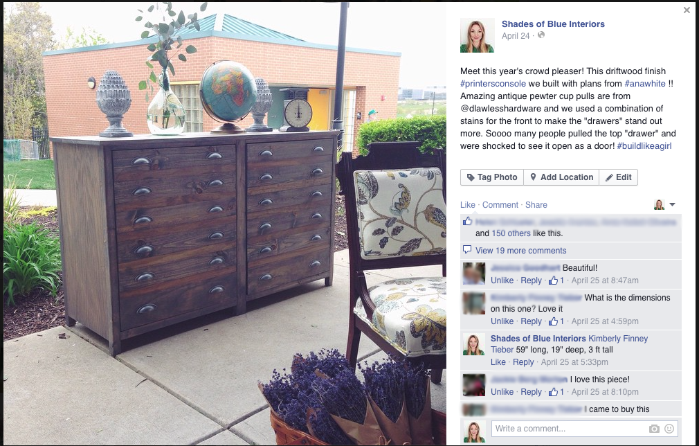 Screen shot of Facebook post of printer's cabinet sold at VMD.