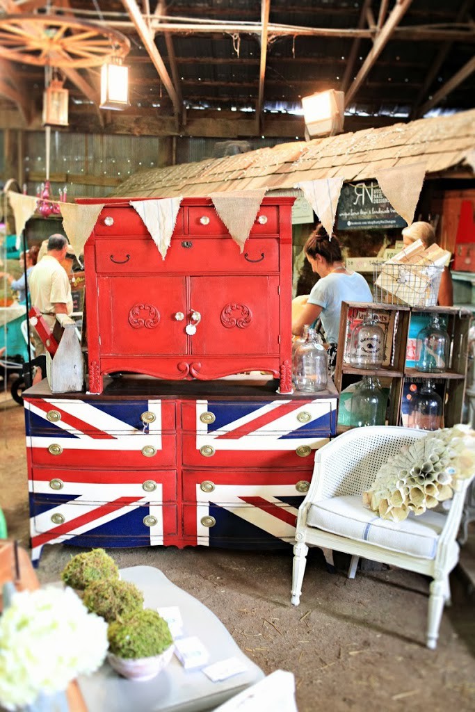 Red dry sink on top of a hepplewhite dresser painted with the Union Jack design