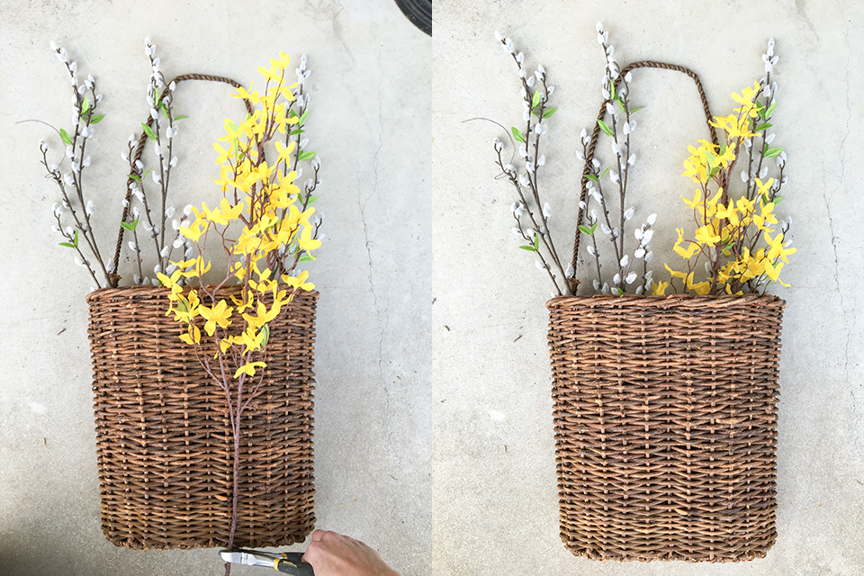 Adding Forsythia to hanging basket for spring