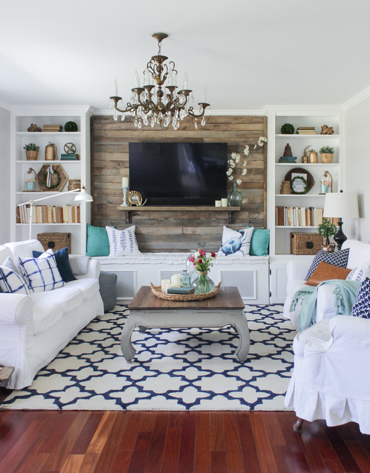 Cozy Spring Home Tour- Living room with blue and white