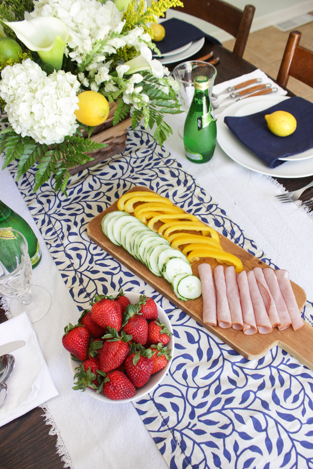 Summer snacks on a navy and white tablescape