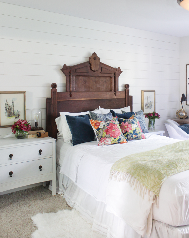 Eastlake headboard with floral pillows