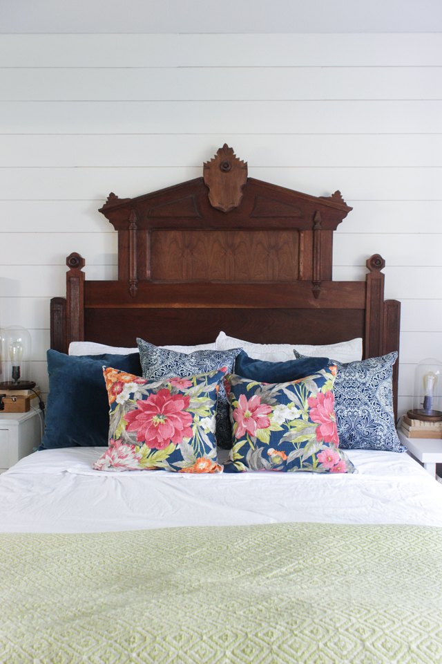 Eastlake headboard with floral pillows for summer