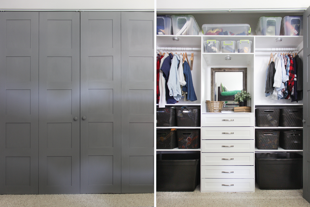 Closet makeover with 6 drawer organization system and bifold 5 panel doors