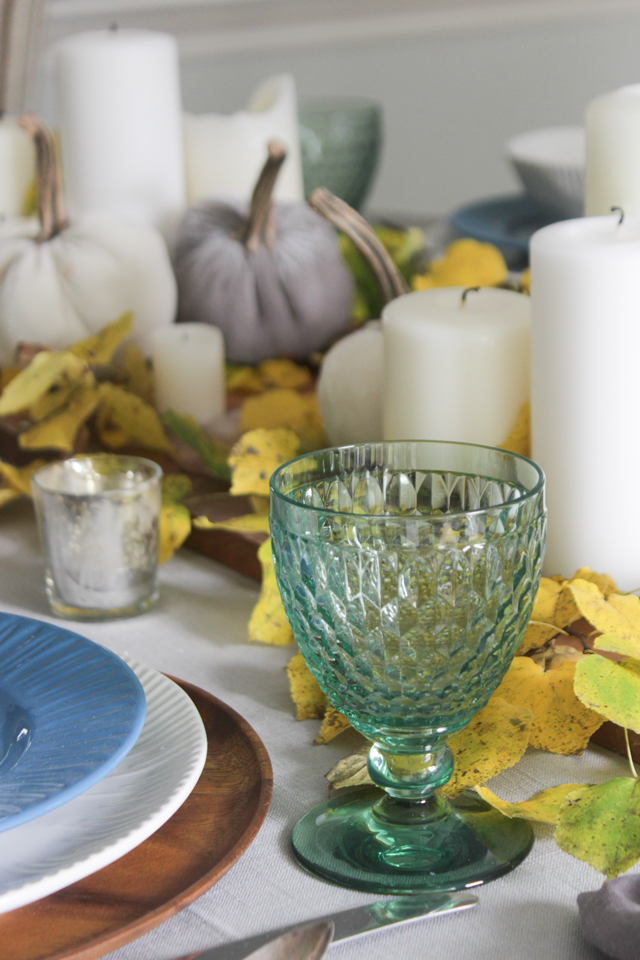 Green goblet in fall tablescape