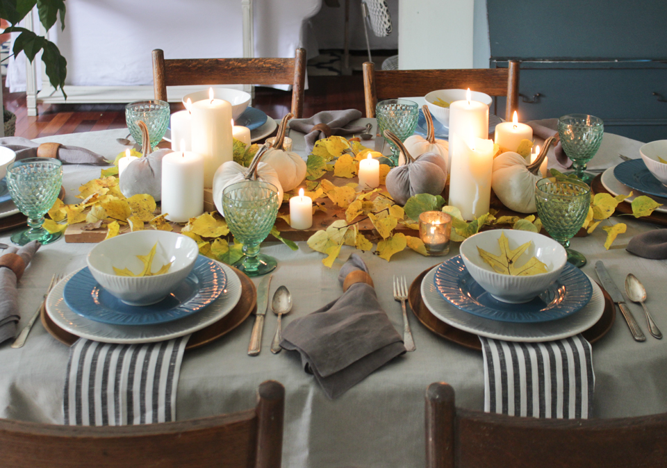 Fall Tablescape with green, blue, gray, yellow, and white