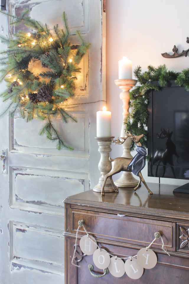 Christmas barn door and turned candleholders