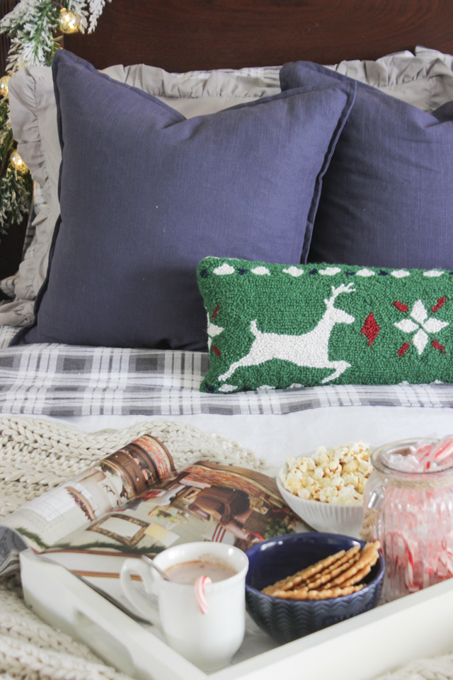 Christmas pillows with hot chocolate bed tray
