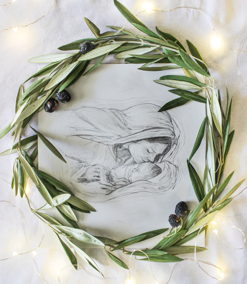 Nativity pencil drawing with olive wreath