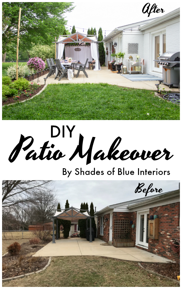 patio makeover with painted brick and gray furniture