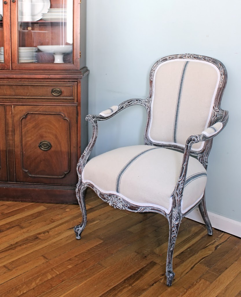 Finished french chair grain sack upholstery and white gimp trim