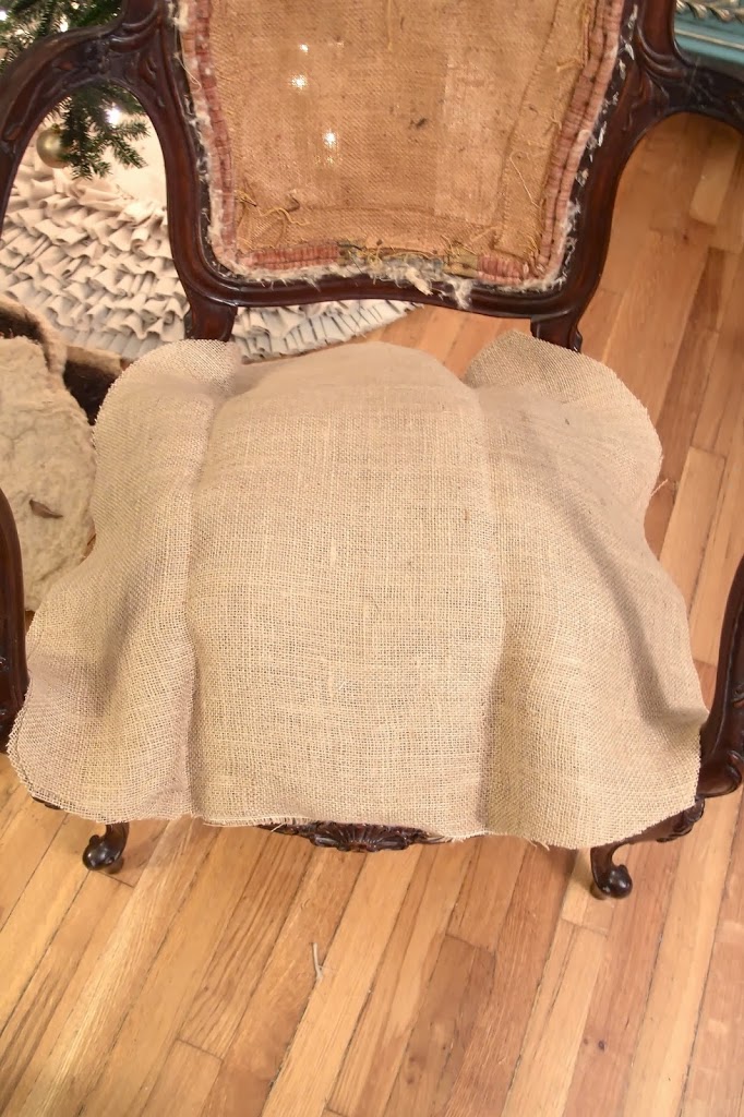 Covering springs with new burlap on french chair