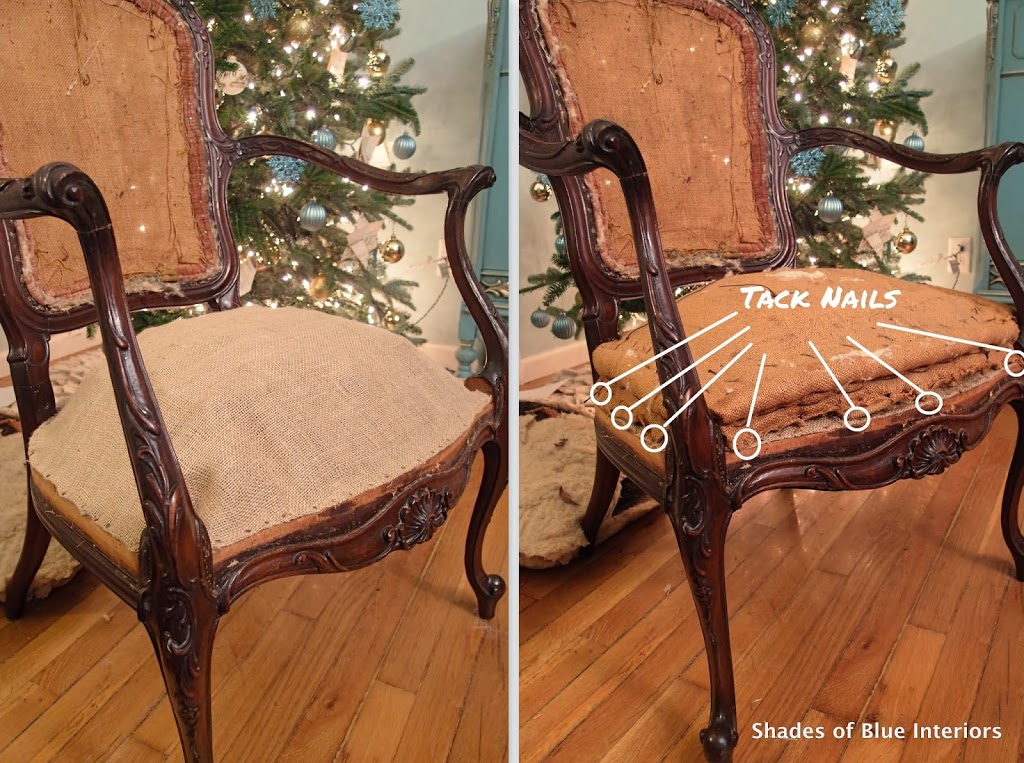 Burlap tacked down on french chair