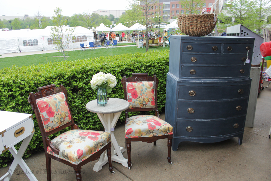 Pair of floral eastlake chairs with trestle end table in between and blue highboy hepplewhite