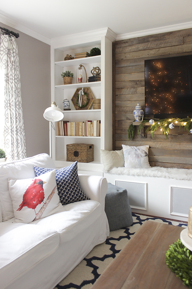 Christmas living room with bookcases converted into built-ins