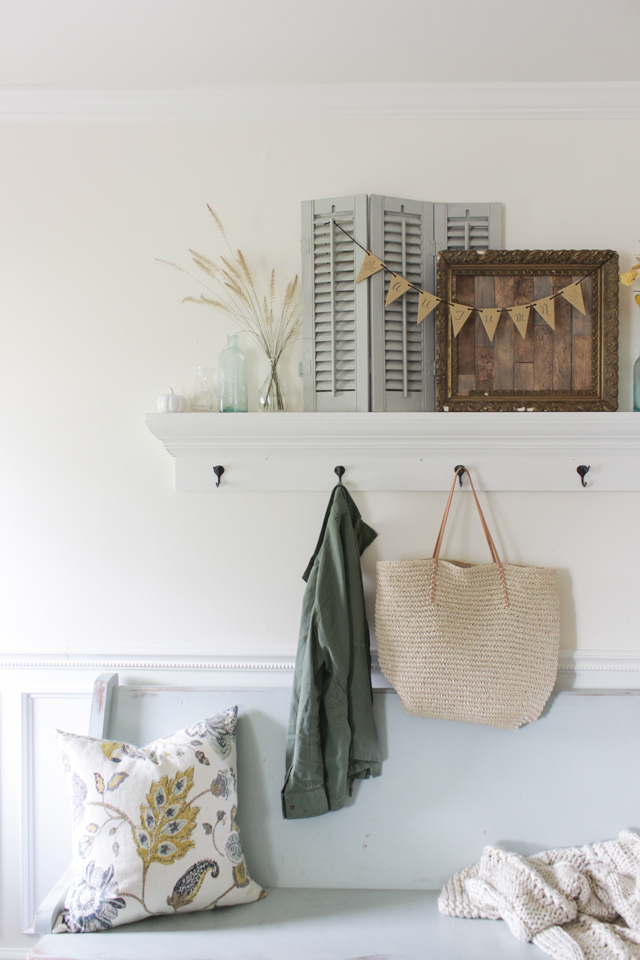 Fall Entry shelf with shutters, wood frame, wheat, and autumn banner