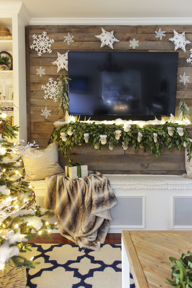 Woodsy, natural, winter wonderland Christmas family room